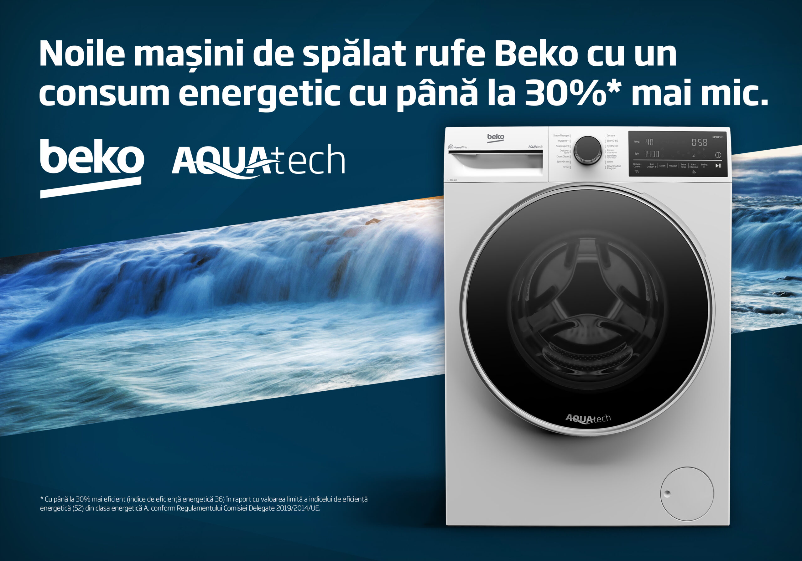 Noua generație de mașini de spălat rufe Beko AquaTech: consum de energie redus cu până la 30% față de limita clasei de eficiență energetică A